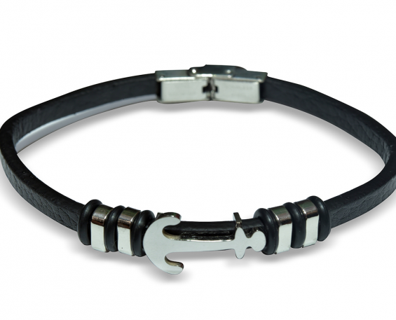 Pulsera de piel ancla plateada 