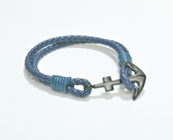 Pulsera piel azul con ancla negra