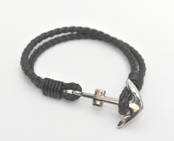 Pulsera piel negra con ancla