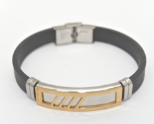 Pulsera caucho con dije de acero plateado y dorado