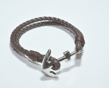 Pulsera piel café con ancla plata